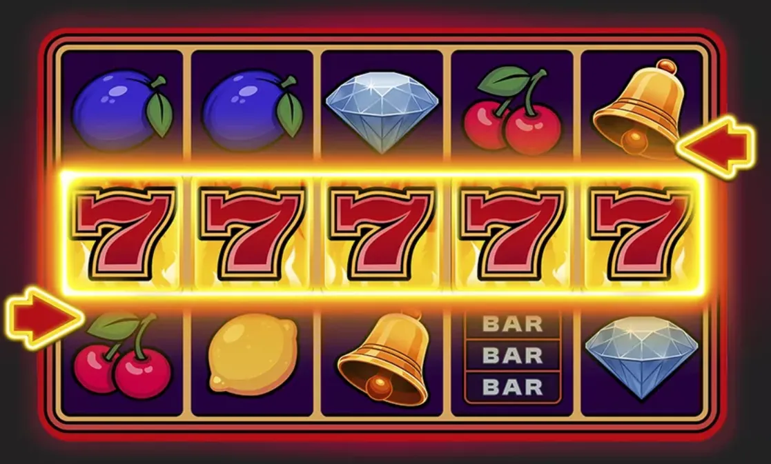 Classic slot machine reels featuring glowing red 7s, cherries, plums, bells, a diamond, lemon, and BAR symbols in a retro casino style.