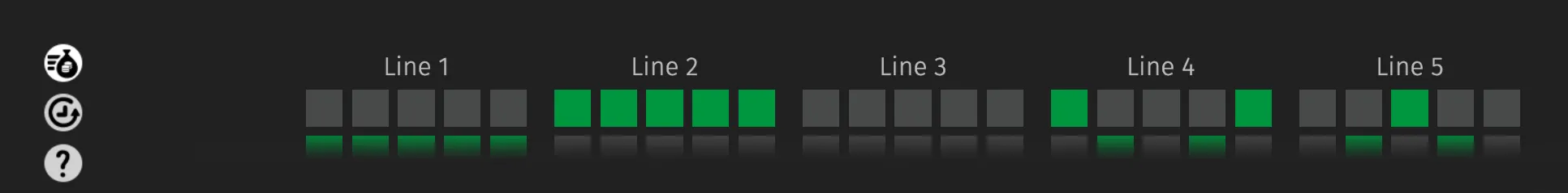 Minimalist Lady Lucky Gun payline guide with five labeled line patterns, green highlighted positions, gray reel blocks, and circular navigation icons on a dark backdrop.