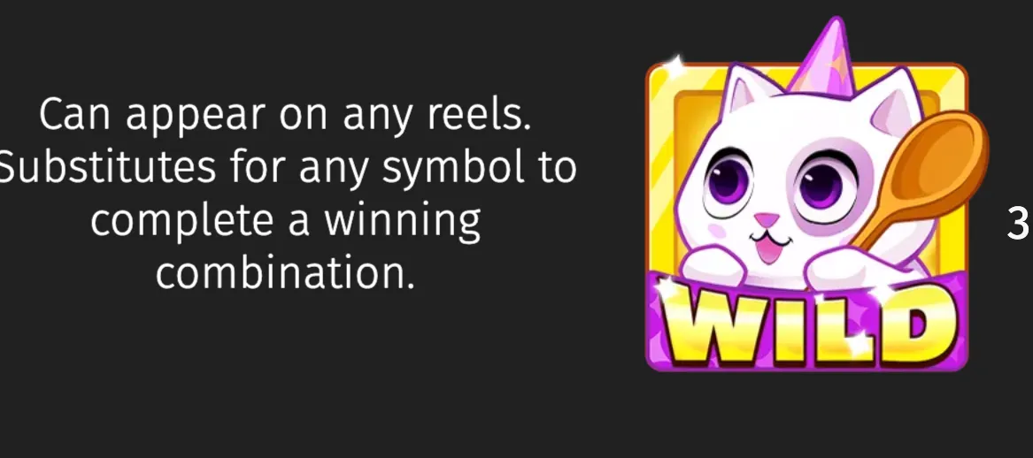 Cute white cartoon cat wearing a purple party hat and holding a wooden spoon above a bold WILD label, with text explaining its substitution feature.