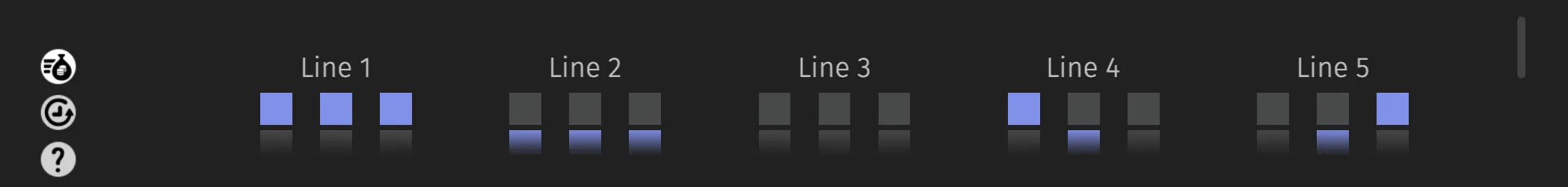 Dark payline guide for Cat's Soup displaying Line 1 through Line 5 with blue-highlighted reel positions and control icons along the left side.