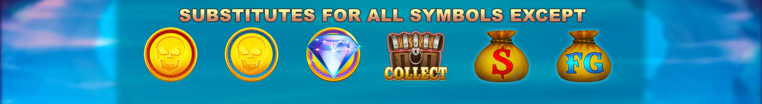 Blackbeard-themed slot artwork featuring skull coins, a sparkling diamond, a COLLECT treasure chest, and gold money sacks against a blue ocean backdrop.