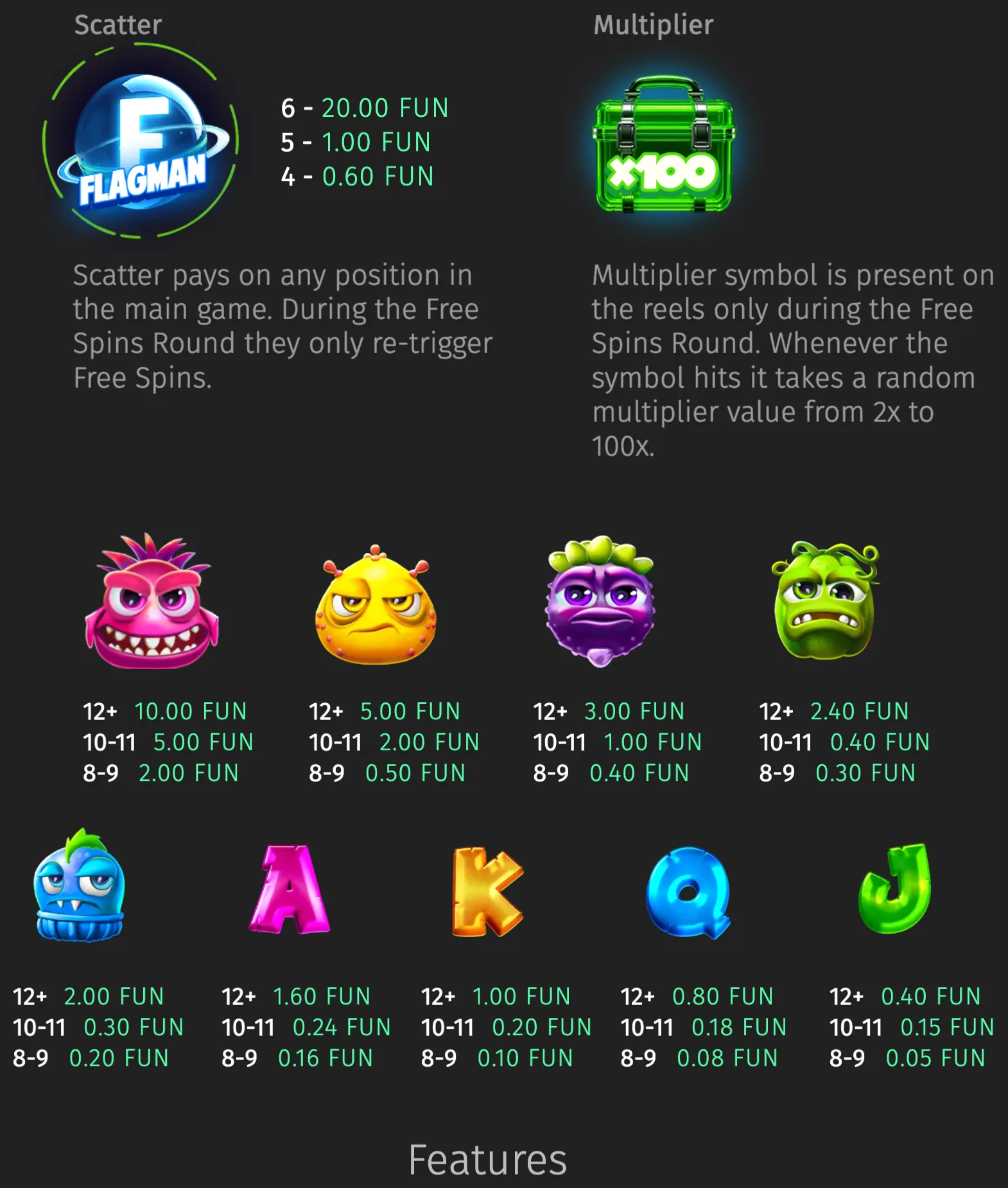 Flagman Fruits slot features a blue Flagman scatter emblem, a glowing green multiplier chest, expressive cartoon fruit characters, and colorful letter symbols with payout values.