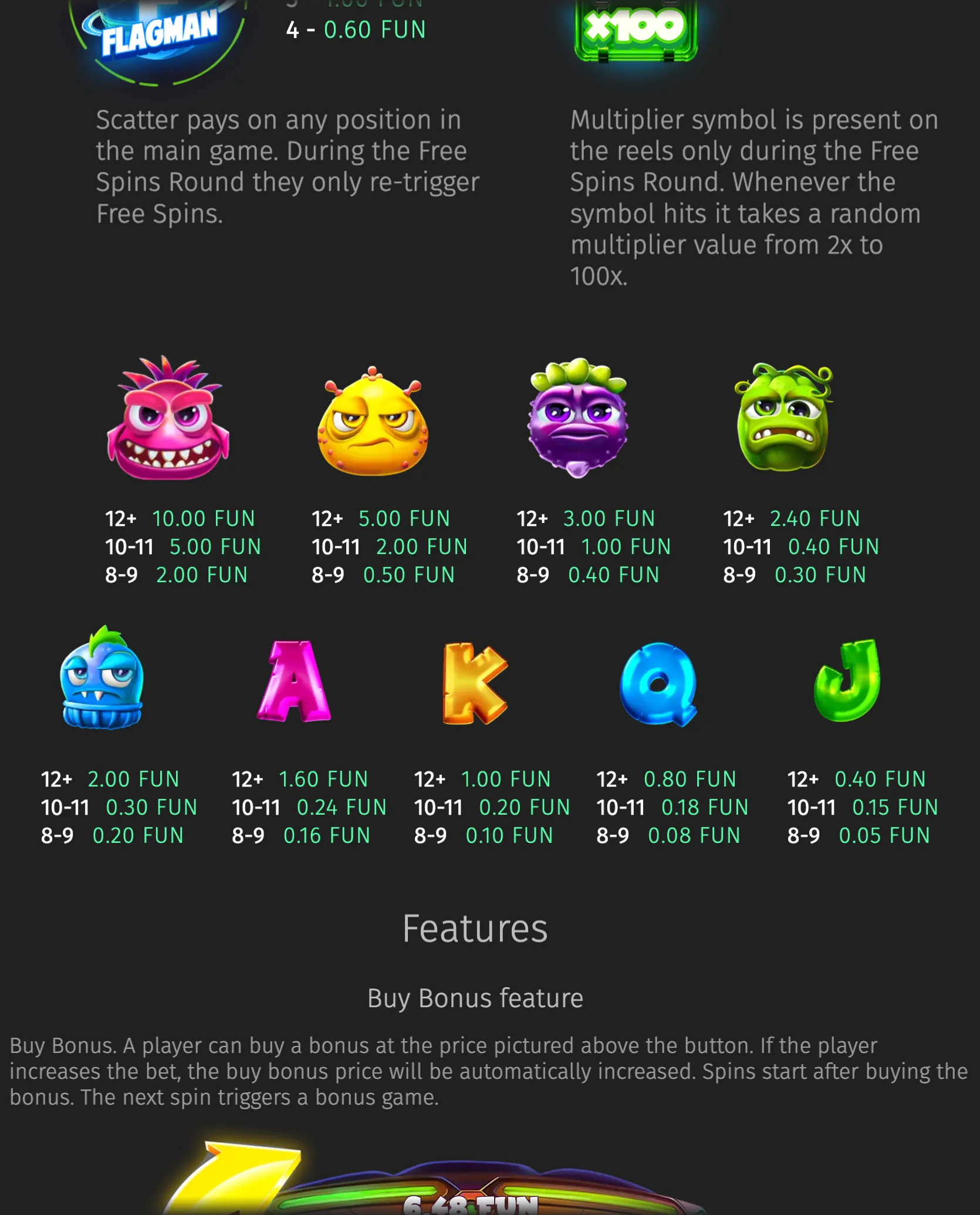 Flagman Fruits paytable featuring colorful cartoon monster fruit symbols, letter symbols, scatter and multiplier descriptions, and a buy bonus feature.