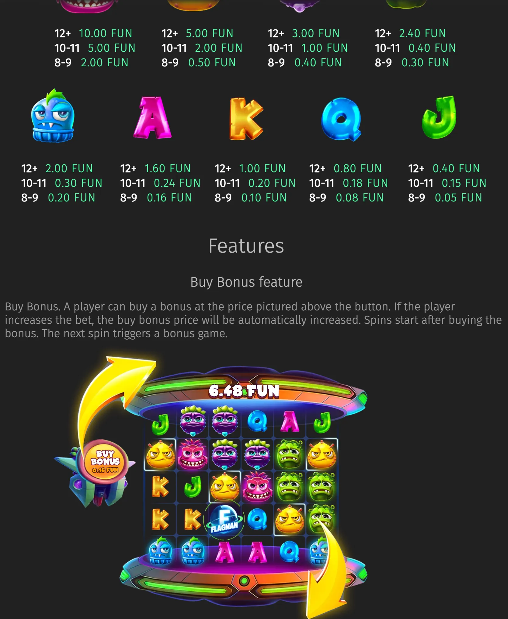 Flagman Fruits slot preview with colorful monster fruit symbols, letter icons, payout values, and a futuristic spacecraft reel display featuring a Buy Bonus option.