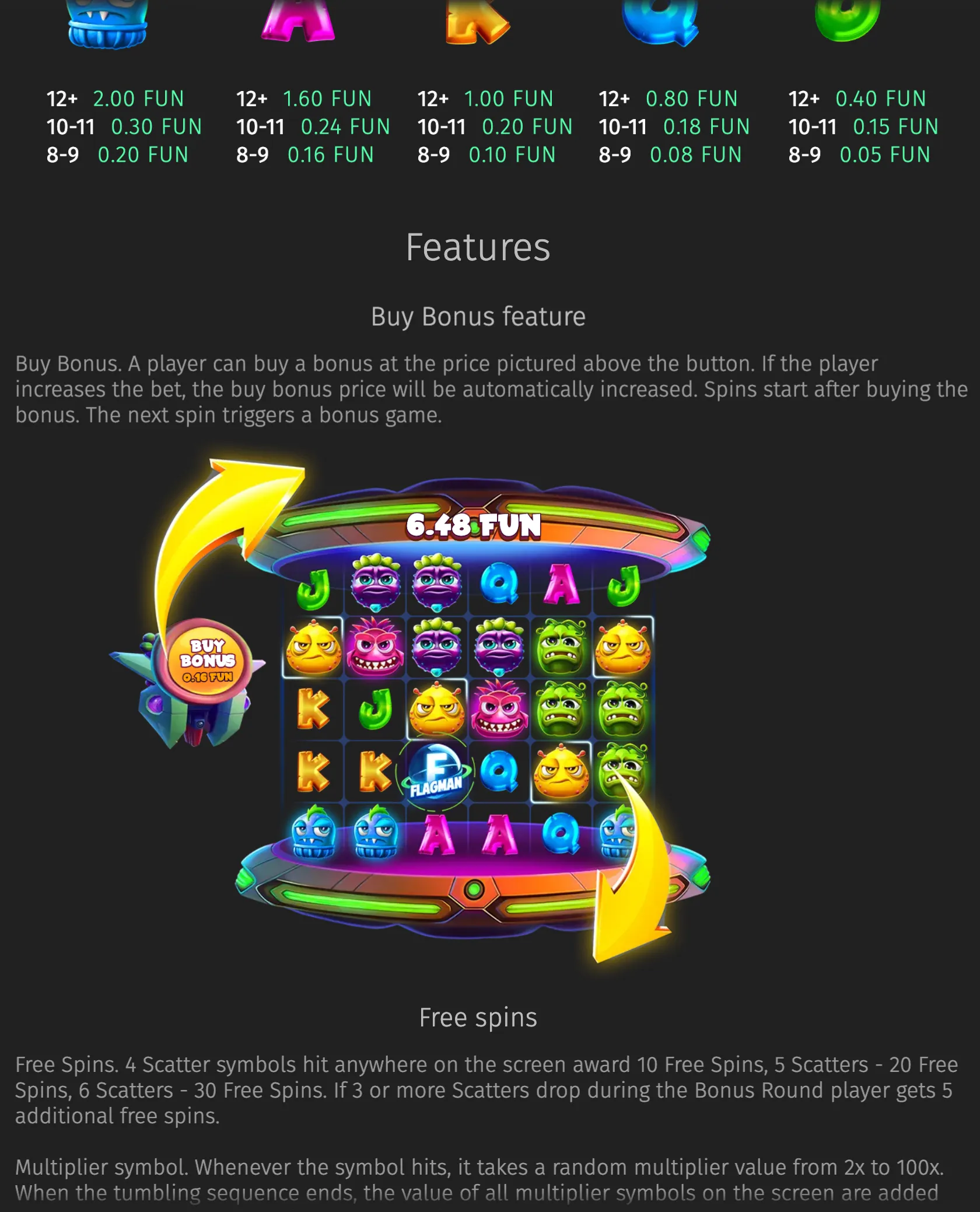 Flagman Fruits feature guide with a neon futuristic reel, cartoon fruit characters, colorful letter symbols, a Buy Bonus button, and free spins rules.