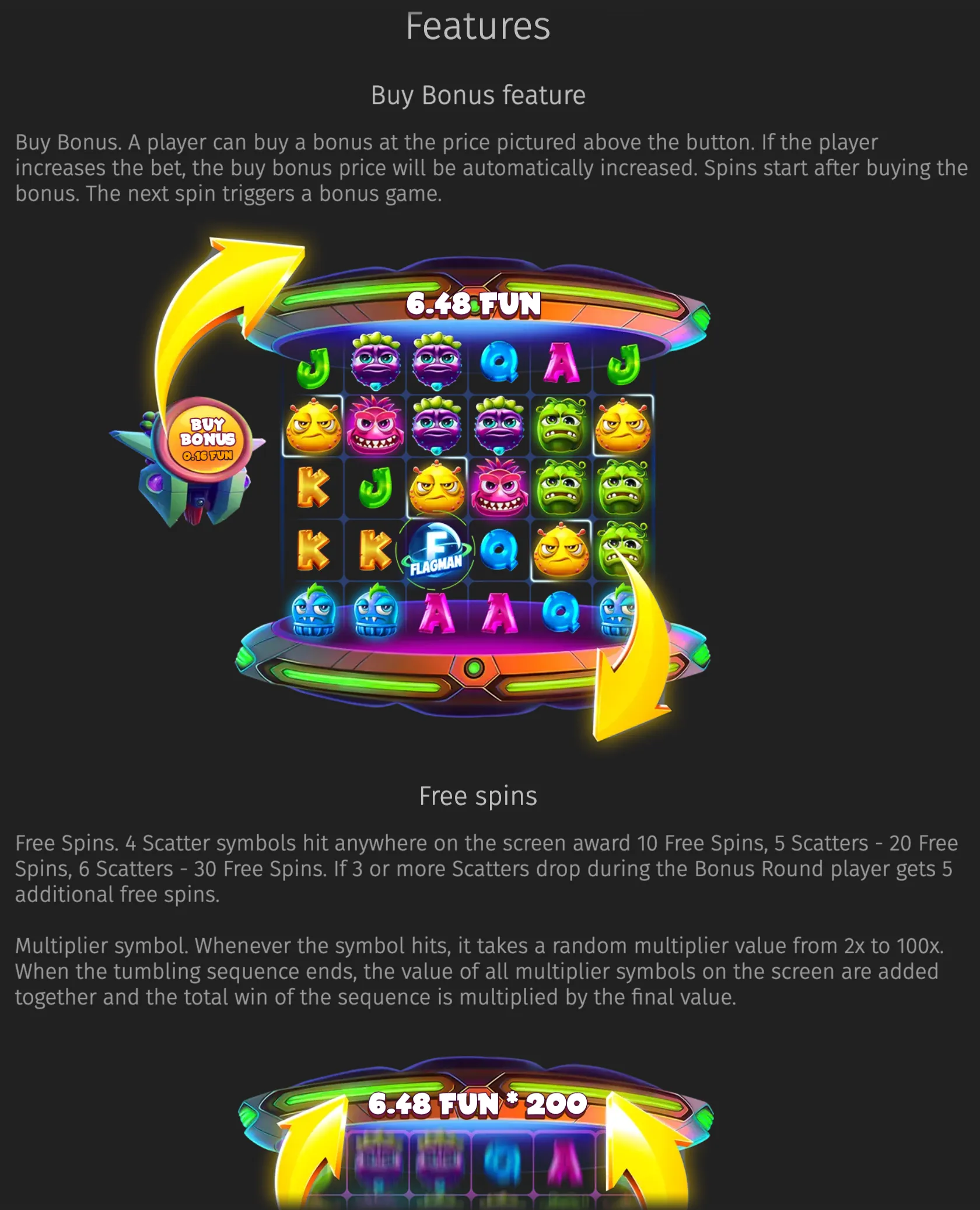 Flagman Fruits feature guide with a futuristic neon reel grid, cartoon fruit characters, a Buy Bonus button, free-spin instructions, and multiplier symbols.