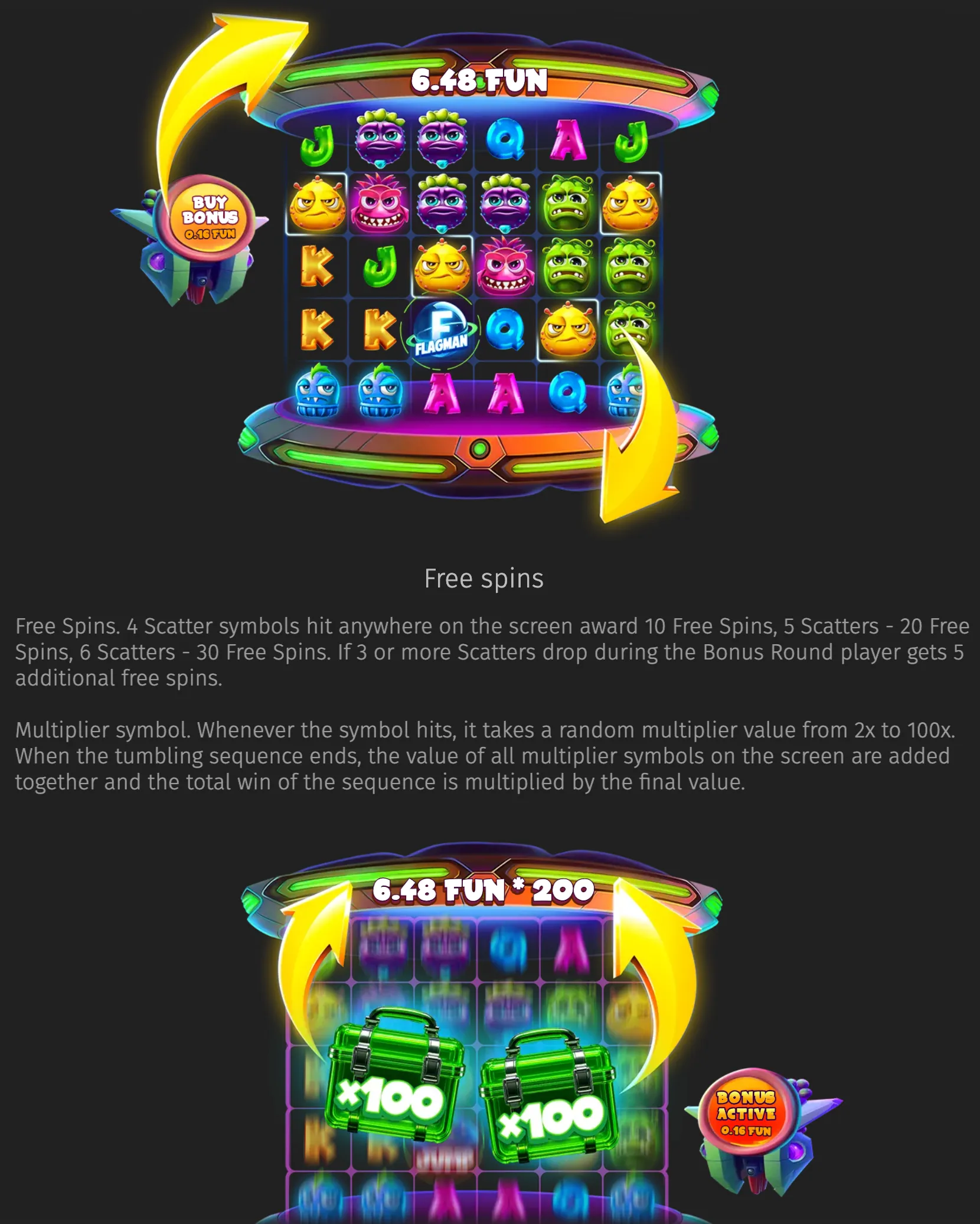 Flagman Fruits slot interface with colorful cartoon fruit characters, letter symbols, free-spin arrows, and green multiplier cases marked x100 in a futuristic arcade-style cabinet.