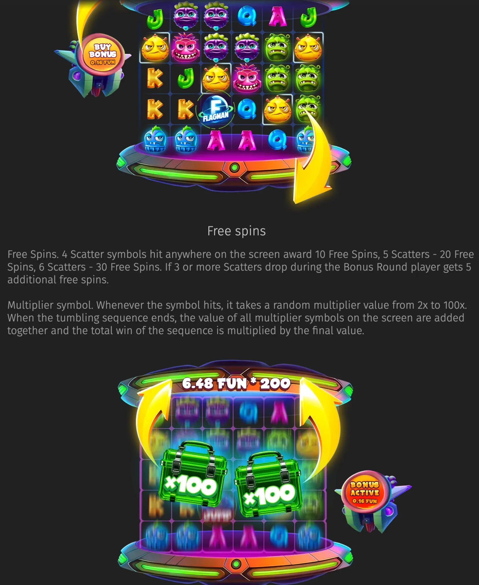 Colorful cartoon alien symbols fill a futuristic fruit-themed slot grid, with a Flagman logo, bonus indicator, free spins text, and green x100 multiplier chests.
