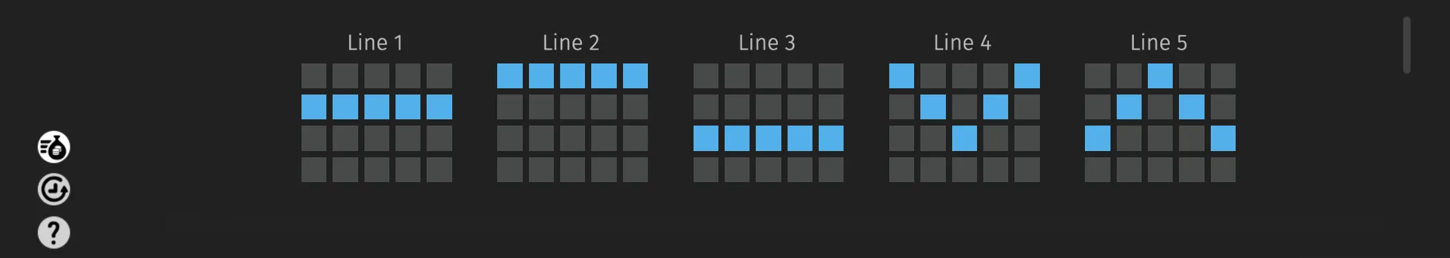 Dark slot interface displaying five labeled payline diagrams, with blue squares tracing different horizontal, diagonal, and zigzag patterns across a five-column grid.