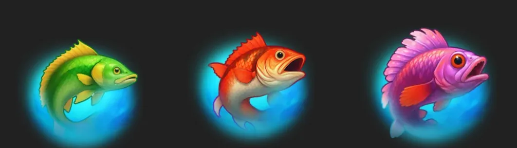 Three colorful fish symbols—a green fish, a red fish, and a purple fish—glow against a dark underwater backdrop.