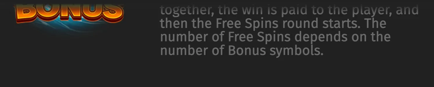 Cropped slot-game rules panel with glossy orange-and-gold BONUS lettering and text explaining Bonus symbols, wins, and Free Spins.