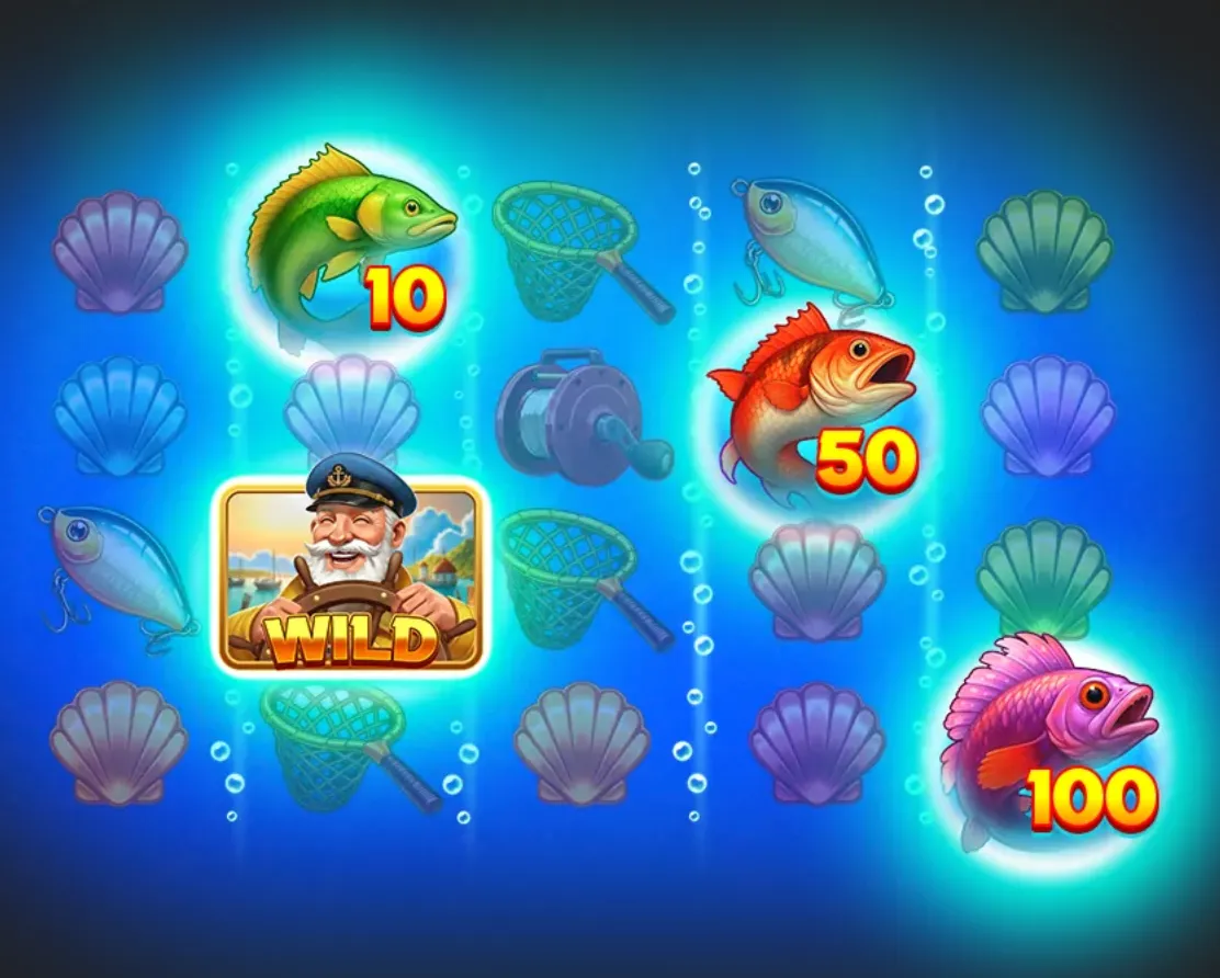 Underwater fishing-themed slot reels with colorful fish marked 10, 50, and 100, seashells, nets, fishing gear, and a smiling captain Wild symbol.