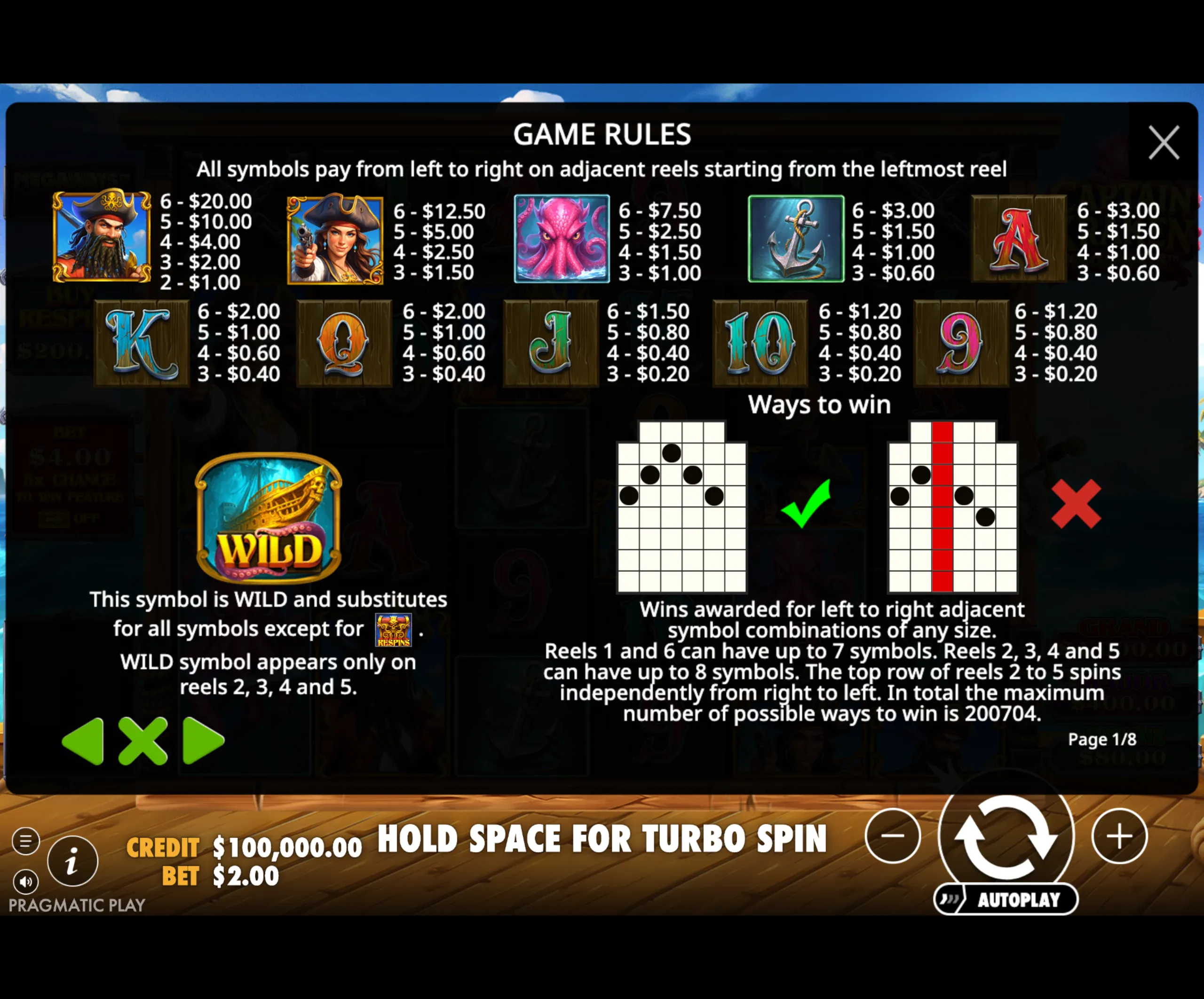 Captain Kraken Megaways slot game paytable with pirate-themed symbols including a captain, female pirate, kraken, anchor, and card icons, showing payout values and ways to win.