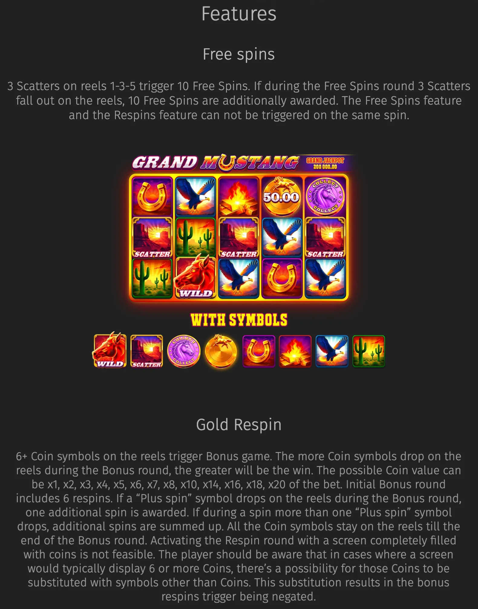 Grand Mustang slot feature guide with a glowing 5-reel layout, cowboy-themed symbols, wild bull, scatter sunset, collect horse, gold coins, eagles, horseshoes, fire, and desert cacti.