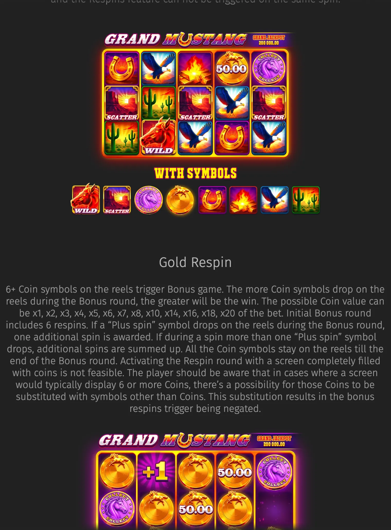 Grand Mustang slot reels featuring horseshoes, eagles, desert cacti, flaming gold, collectible horse coins, Scatter symbols, and a bull Wild, with a Gold Respin bonus panel below.