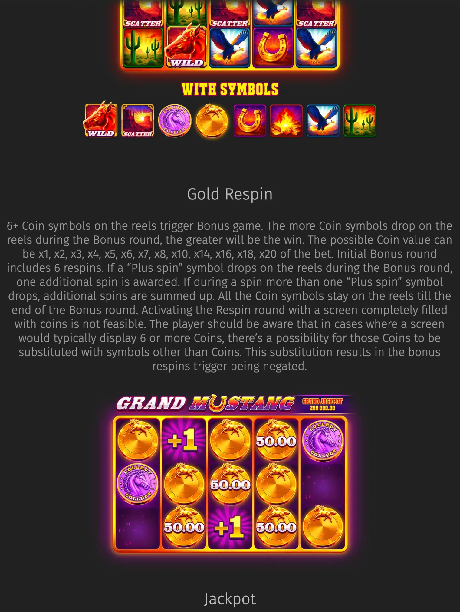 Grand Mustang slot artwork featuring Western symbols including a wild mustang, scatter desert scenes, eagles, horseshoes, gold bars, and a purple horse collect symbol, alongside a gold respin feature grid and jackpot branding.