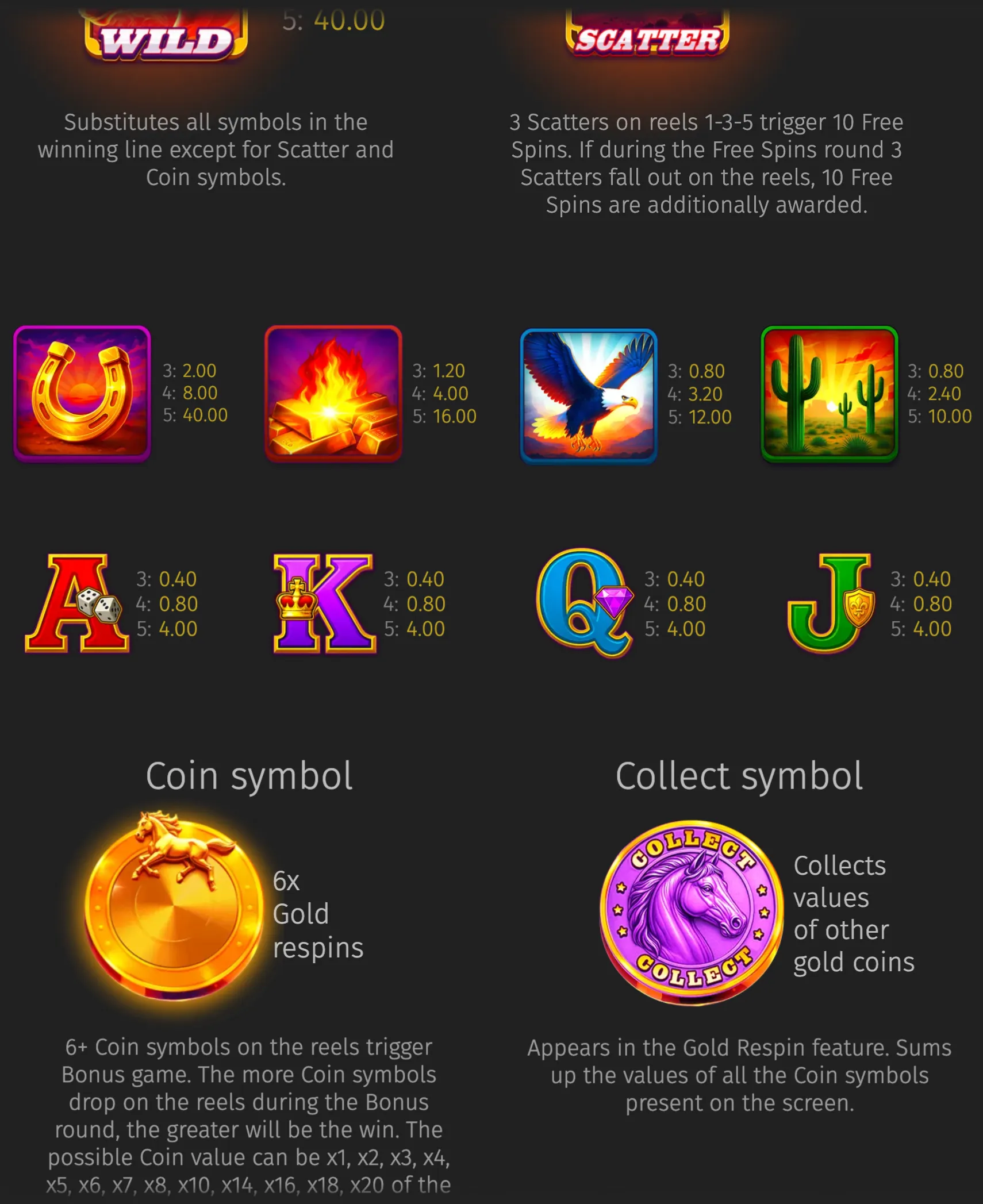 Grand Mustang slot paytable featuring horseshoes, gold bars, an eagle, desert cacti, playing-card symbols, a horse coin, and a purple Collect coin.