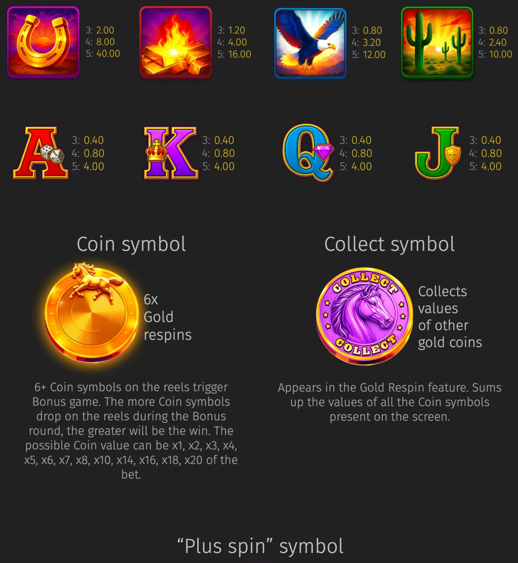 Grand Mustang slot symbols featuring horseshoes, flaming gold bars, an eagle, desert cacti, playing-card letters, and horse-themed coin symbols with bonus feature instructions.