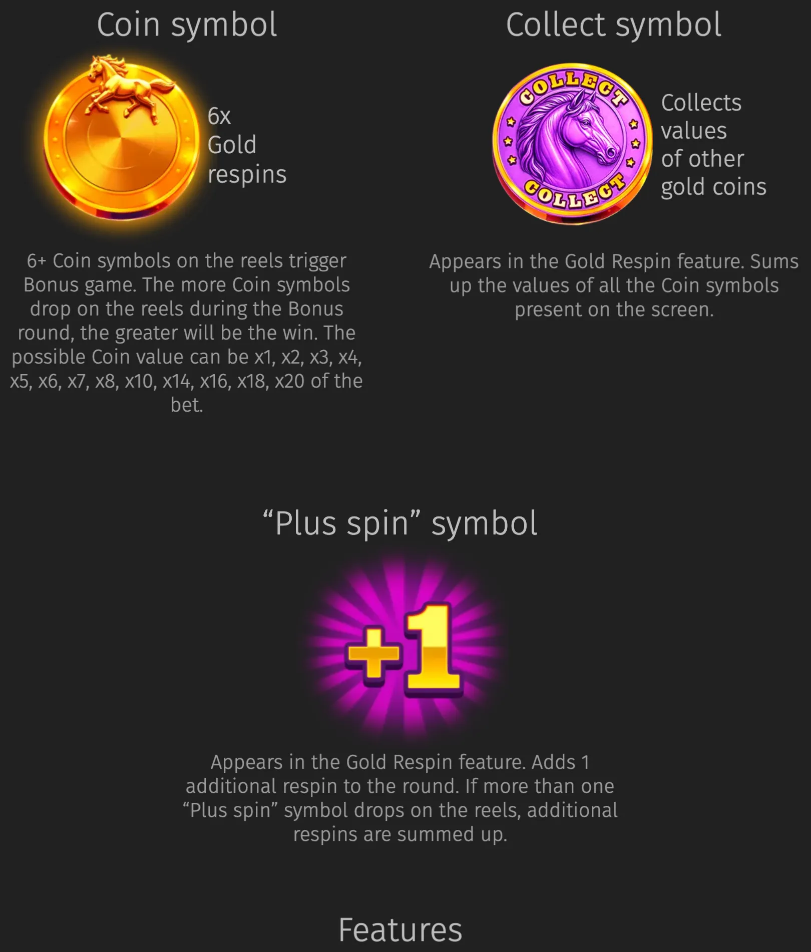 Grand Mustang feature guide featuring a golden horse coin, a purple Collect horse coin, and a glowing +1 Plus Spin symbol with explanatory text.