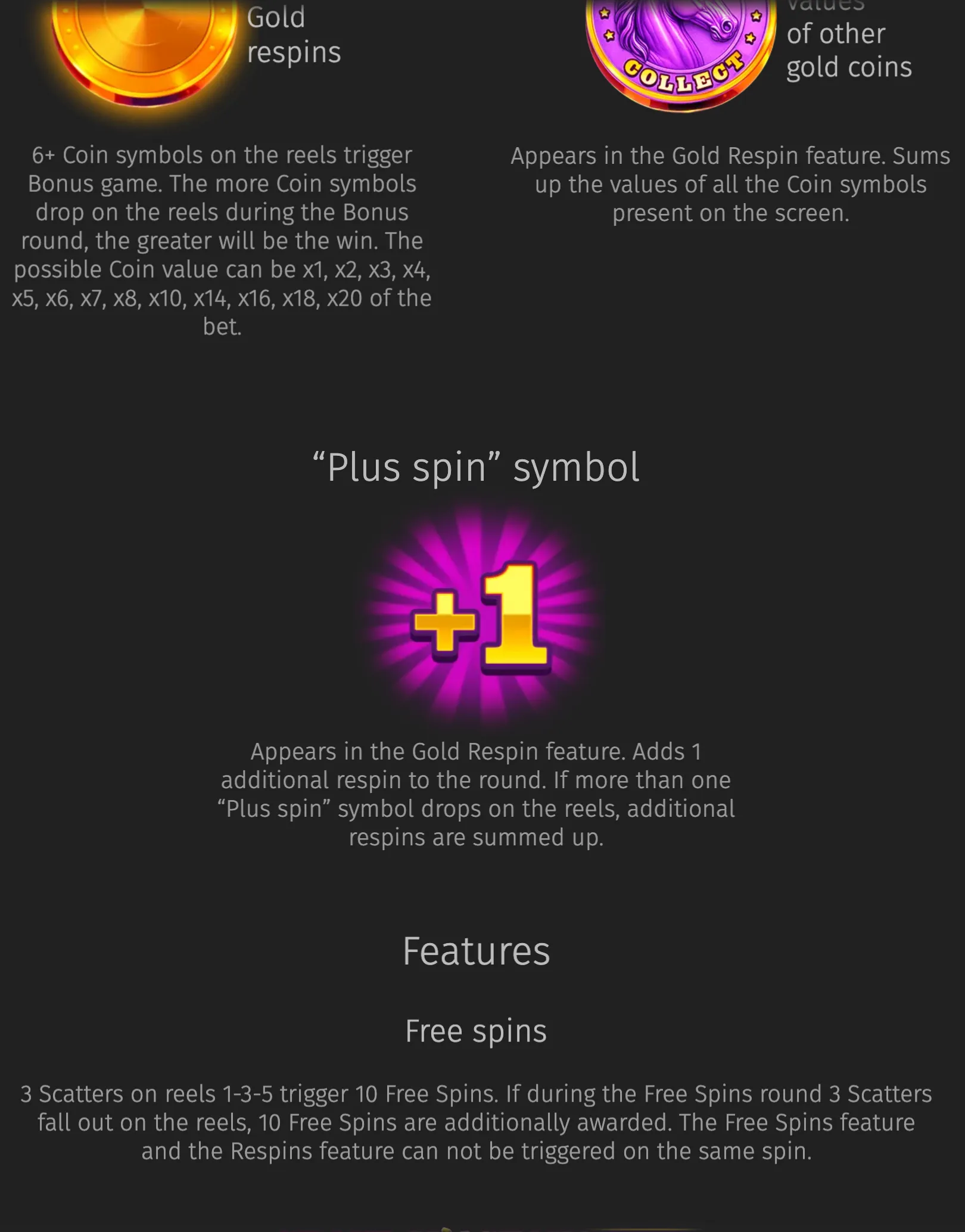 Grand Mustang slot feature guide with gold coin symbols, a purple horse Collect coin, a glowing "+1" Plus Spin symbol, and free spins information on a dark backdrop.
