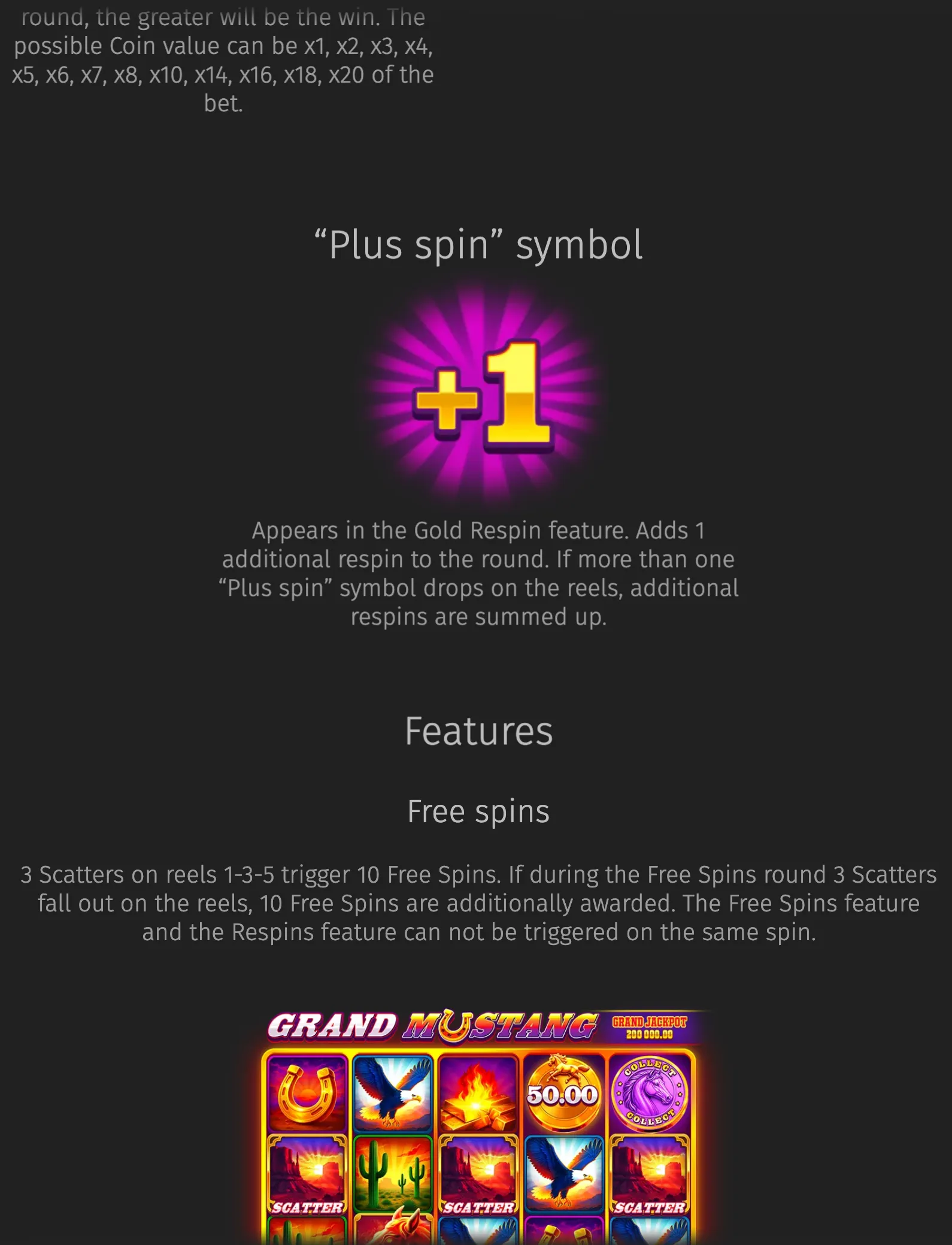Grand Mustang slot feature guide highlighting the glowing +1 Plus spin symbol, Gold Respin rules, free spins text, and western-themed reel symbols.