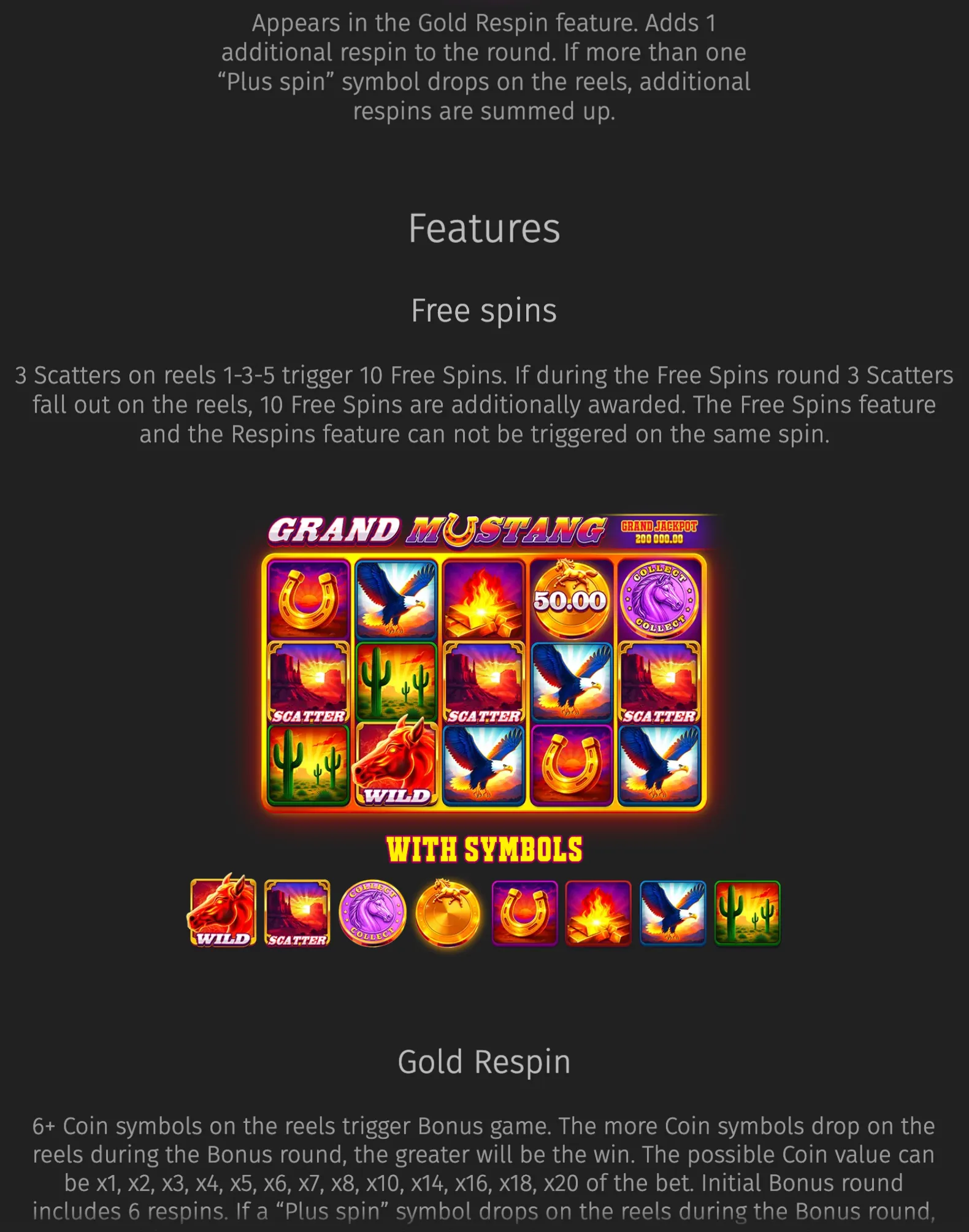 Grand Mustang slot feature page with a glowing five-reel grid of horseshoes, eagles, desert landscapes, gold bars, cactus symbols, scatter icons, wild bulls, and bonus coins against a dark backdrop.
