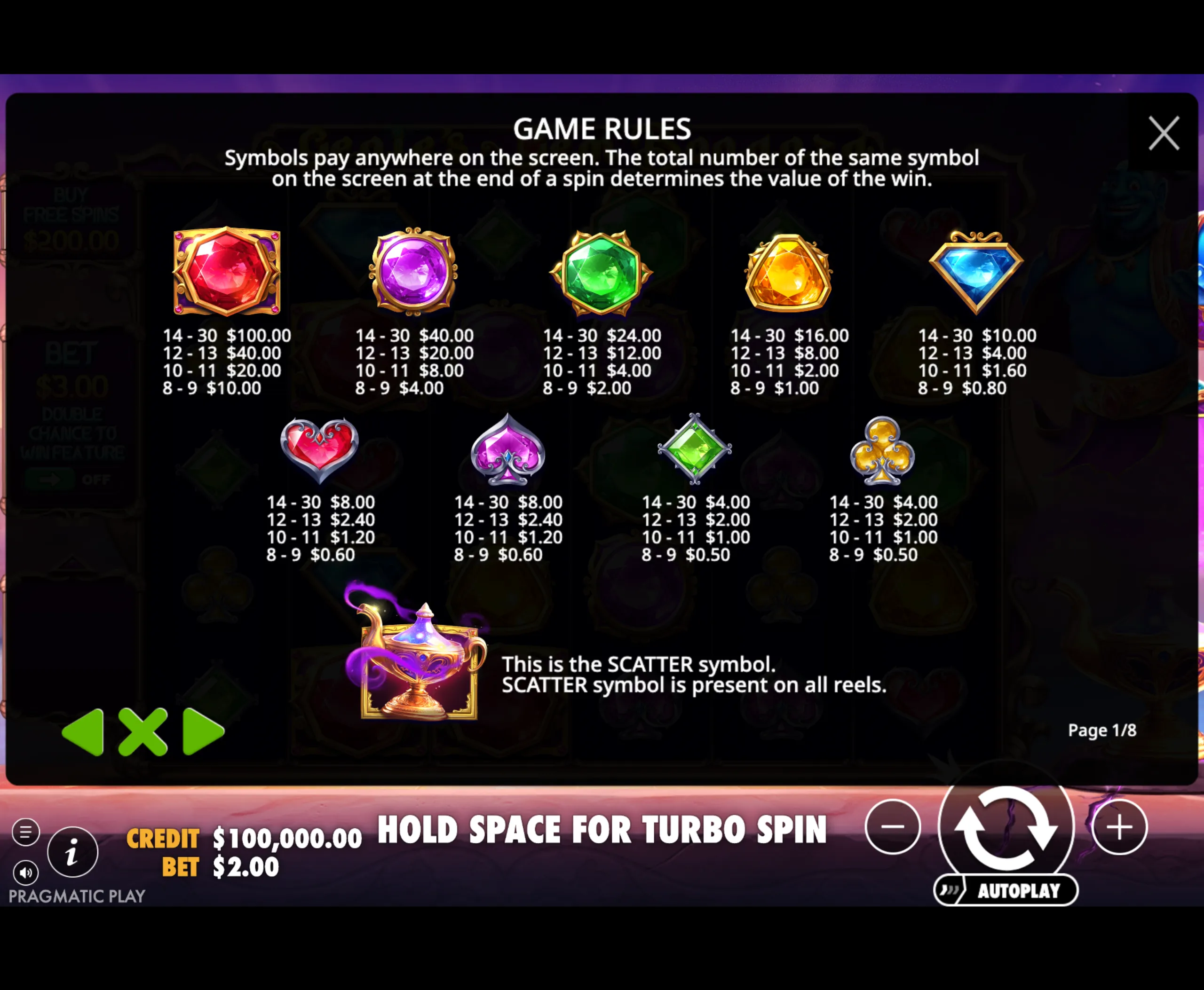 Game rules and symbol payout values for Genie's Gem Bonanza slot, featuring colorful gem symbols and a magical lamp scatter symbol.