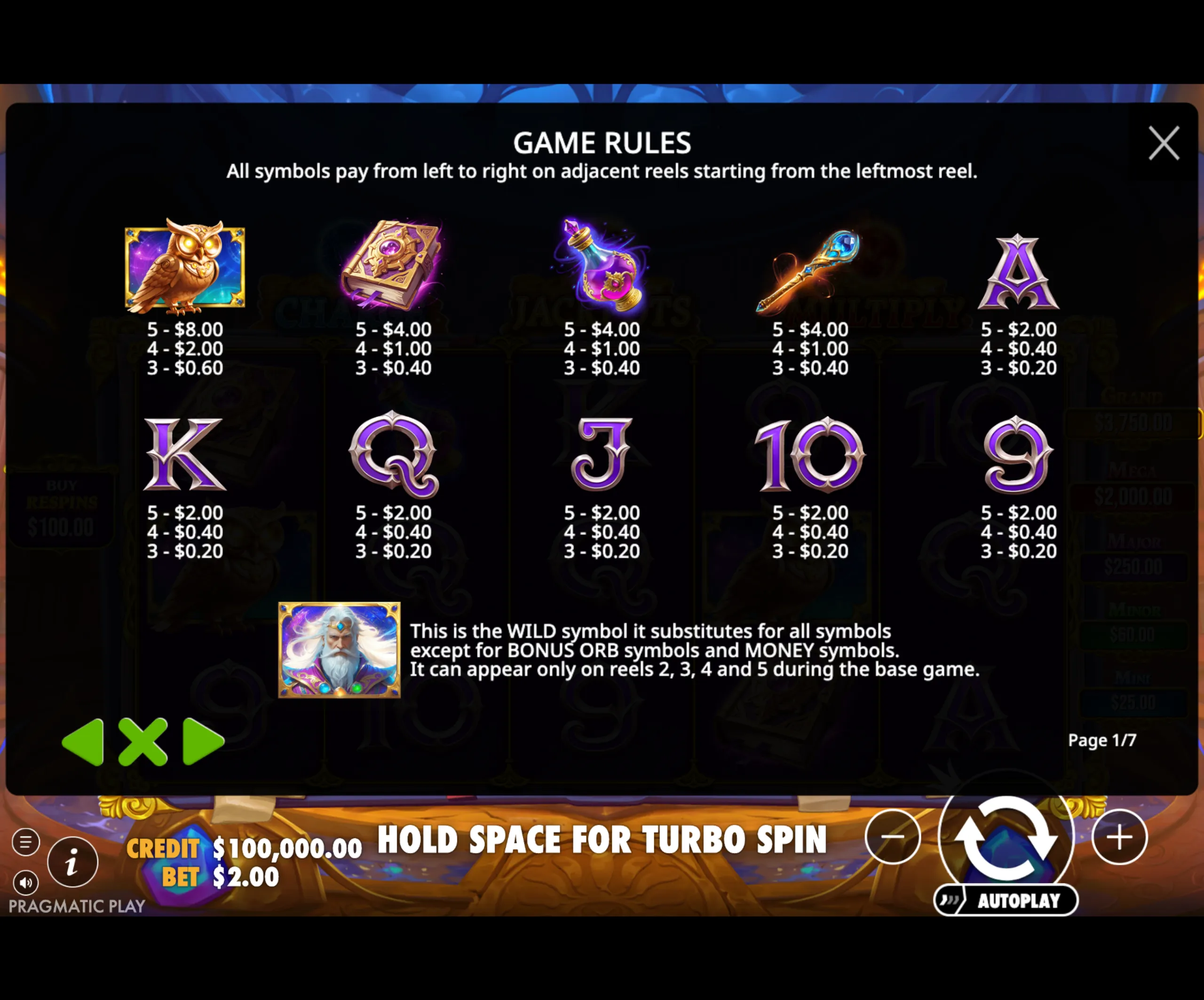 Spellmaster slot game paytable showing mystical symbols like an owl, spellbook, potion, and staff with their payout values.