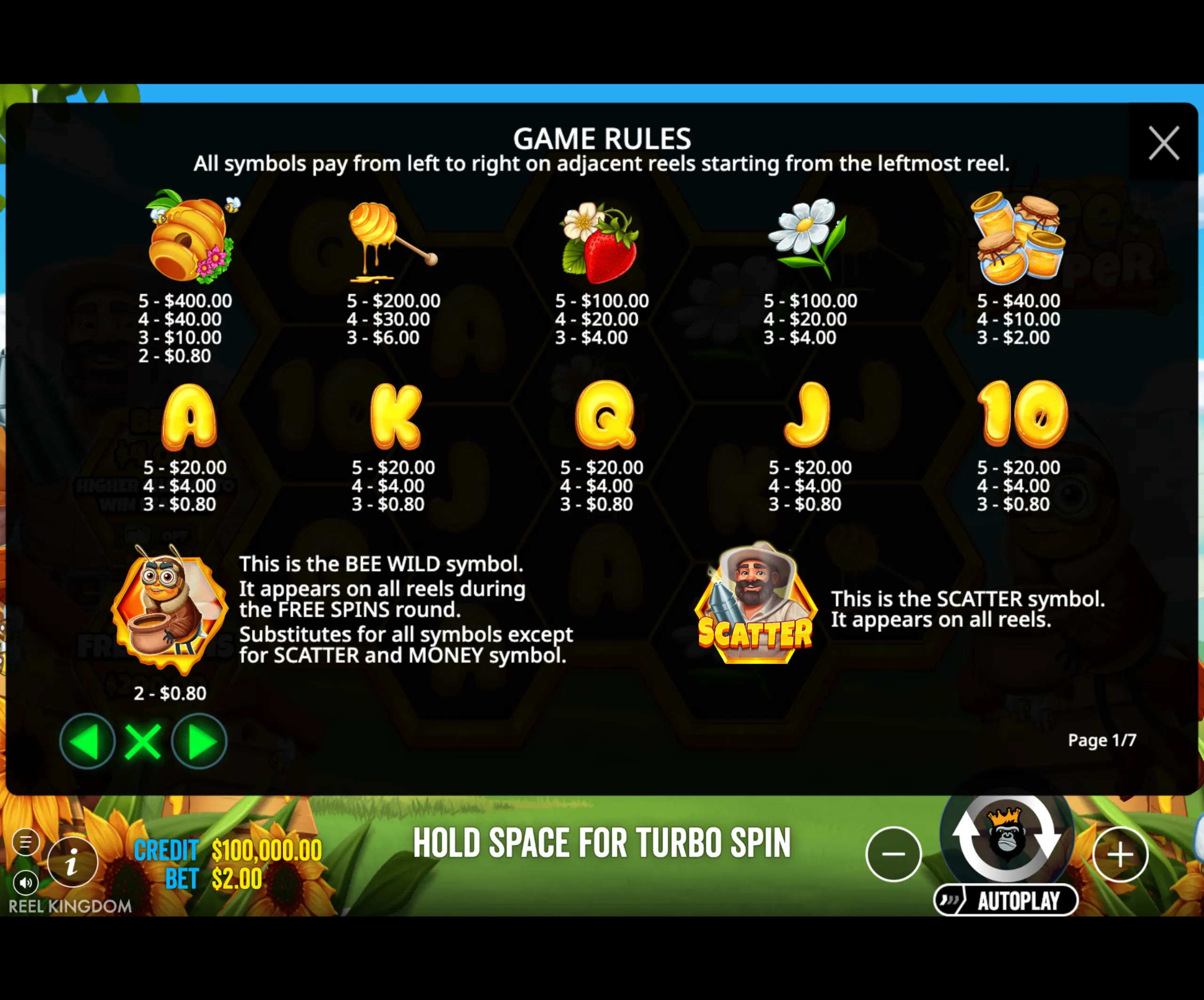 Bee Keeper slot game paytable showing symbol values and special symbols with a nature and honeybee theme