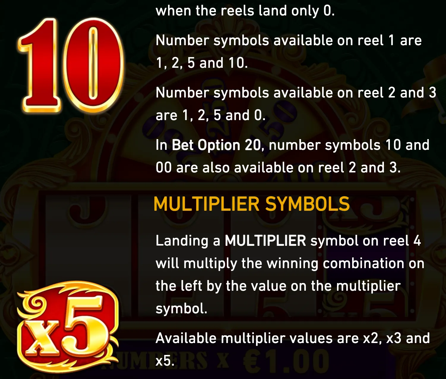 Ka Ching Boom rules panel featuring large red-and-gold 10 and x5 symbols, number symbol availability, and multiplier instructions over an ornate slot machine backdrop.