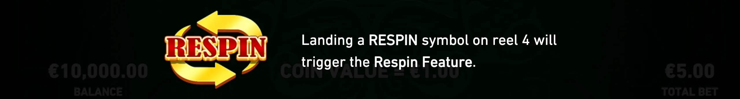 Ka Ching Boom promotional panel featuring a gold circular-arrow RESPIN symbol and text explaining that landing it on reel 4 triggers the Respin Feature, over a dark slot-game interface.