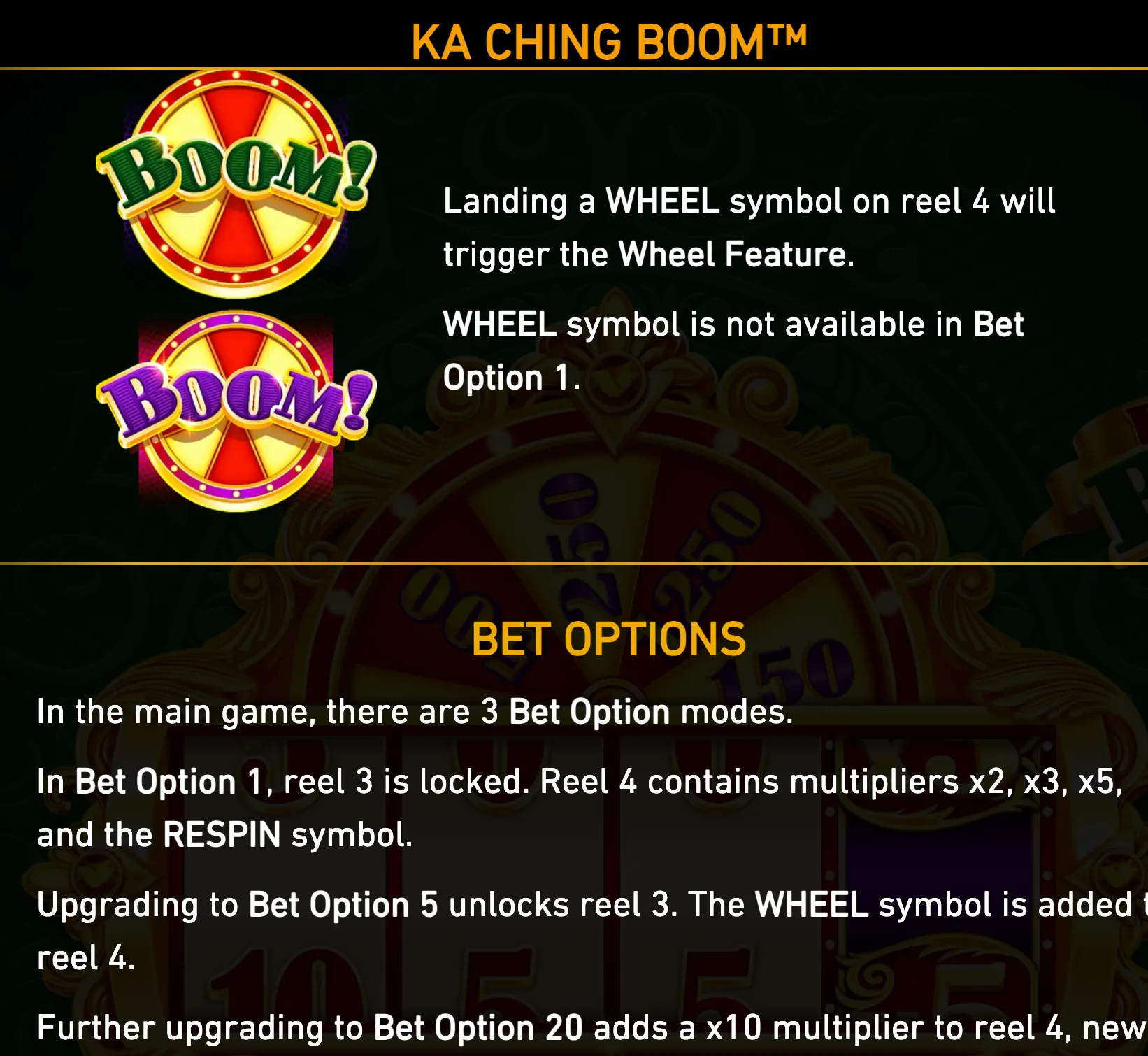 Ka Ching Boom feature guide with colorful BOOM wheel symbols, bet option text, multipliers, and a dark casino-style reel backdrop.