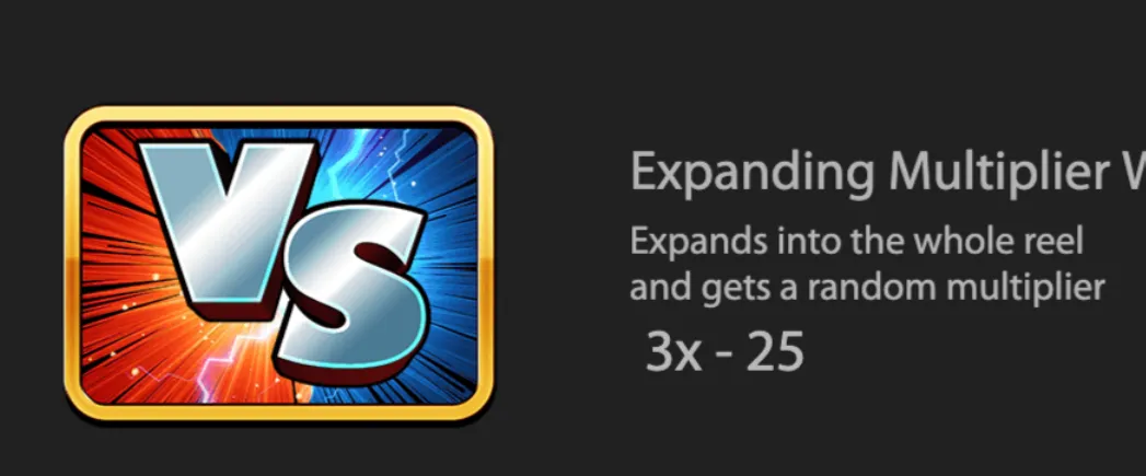 Large metallic VS letters burst from a split red-and-blue action backdrop, alongside text describing an expanding multiplier feature ranging from 3x to 25x.