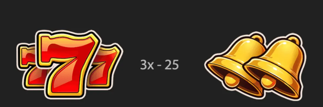 Classic slot symbols featuring stacked red 7s and shiny golden bells against a dark backdrop, with a visible 3x–25 payout notation.