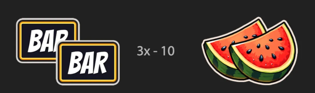 Retro slot symbols featuring stacked BAR tiles, watermelon slices, and a visible 3x–10 value marker on a dark background.