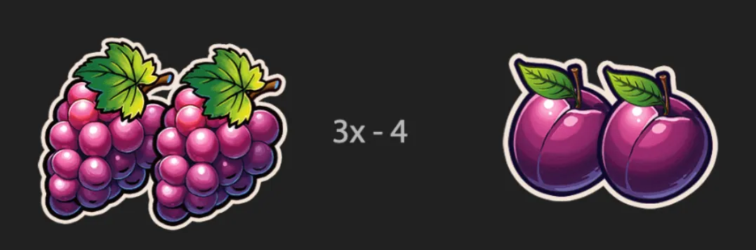 Colorful cartoon grape clusters and paired purple fruit symbols are displayed against a dark background with a visible 3x-4 label.