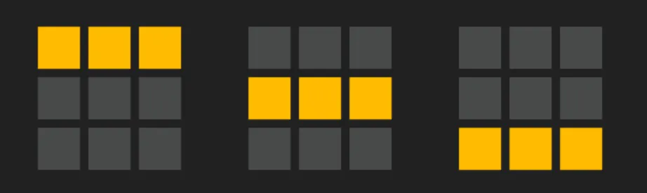 Abstract slot game graphic with three 3x3 tile grids on a dark background, each featuring a different horizontal row of golden-yellow squares.