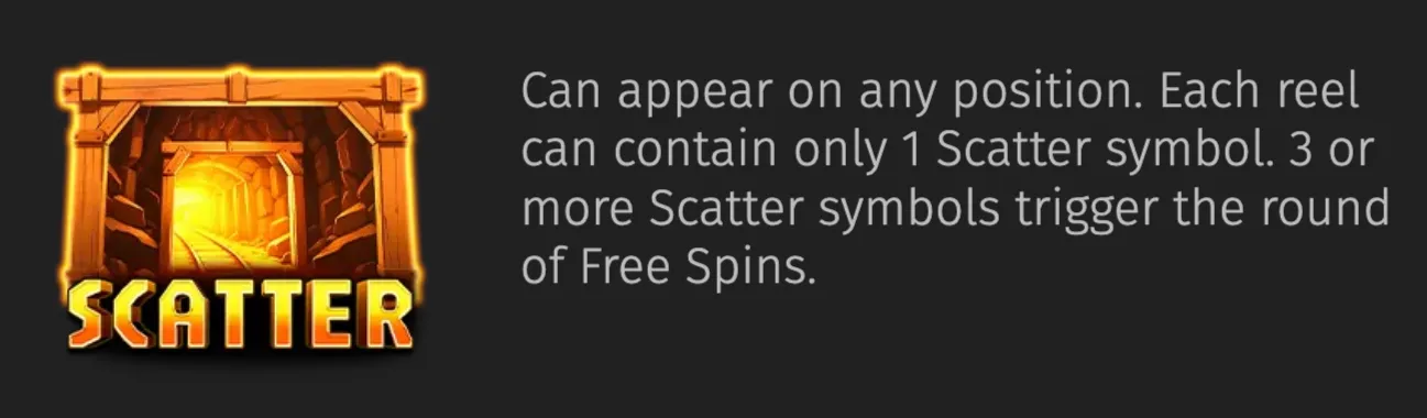 Crystal Clusters Scatter symbol featuring a glowing mine tunnel and bold gold lettering, alongside text explaining its Free Spins trigger.