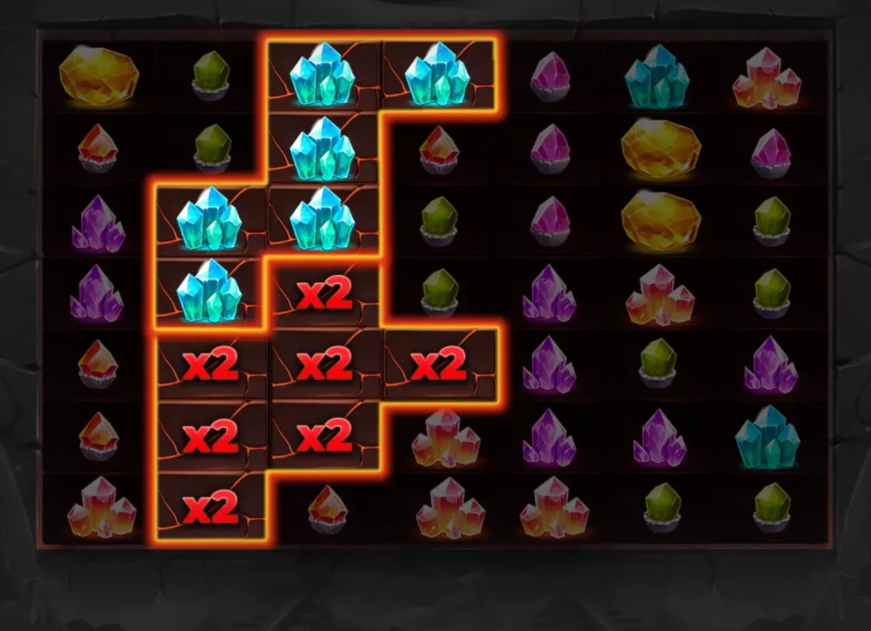 A dark crystal-themed slot grid features glowing cyan crystal clusters surrounded by orange outlines and multiple x2 multiplier markers, alongside purple, green, red, yellow, and pink gem symbols.