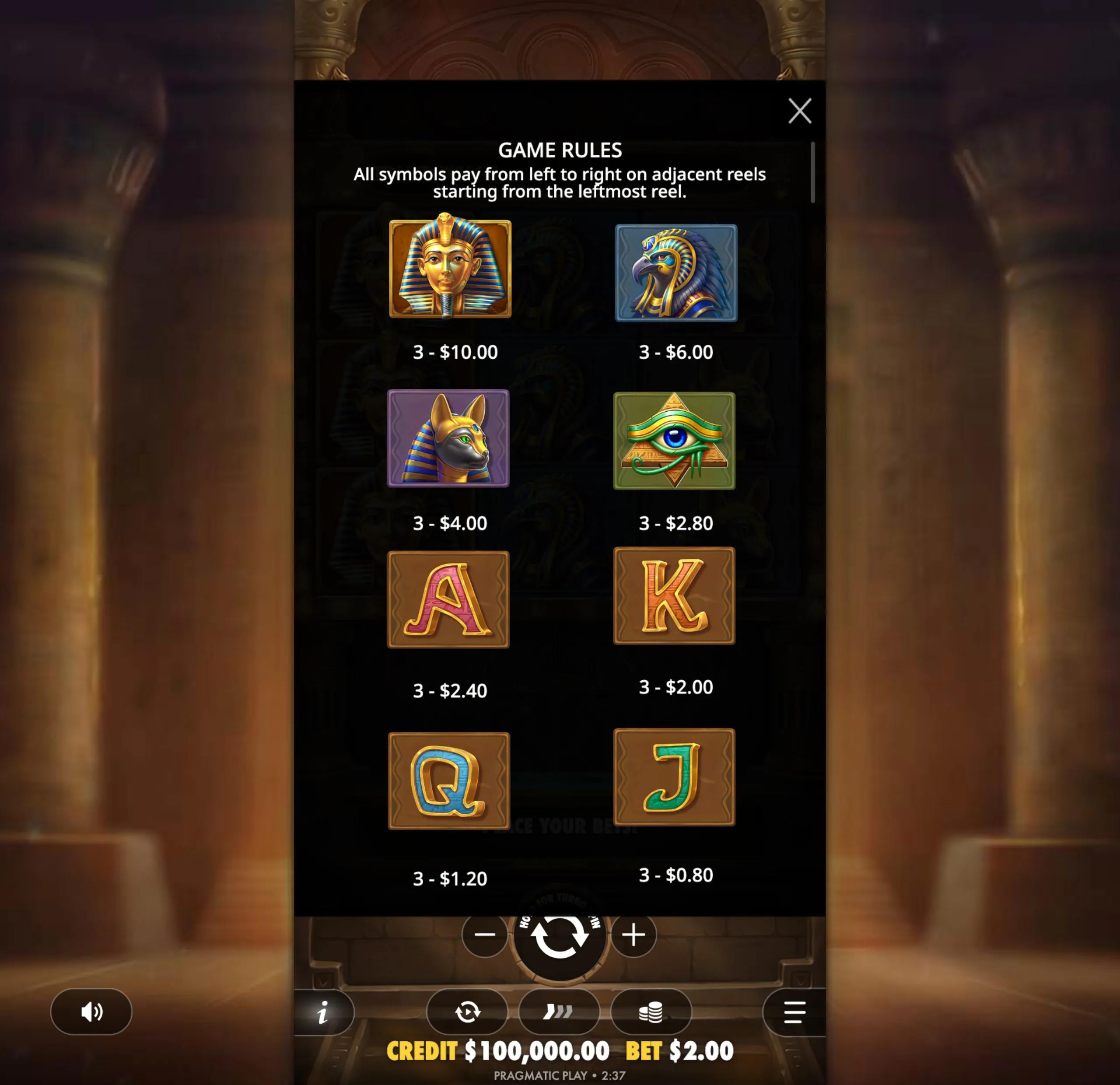 Game rules and symbol payout values for the Code of Cairo slot game featuring Egyptian-themed icons like a pharaoh, falcon, and ankh.