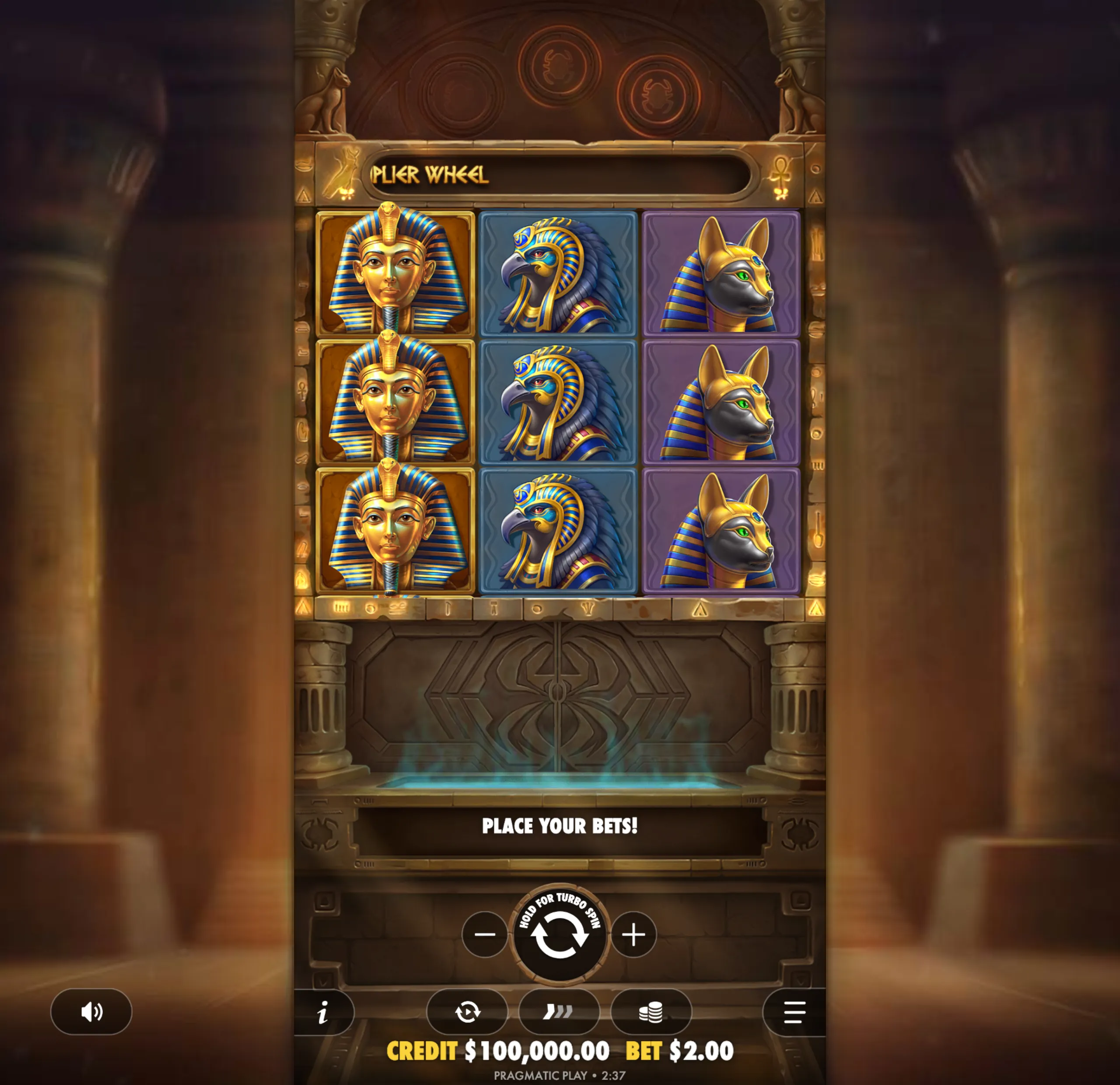 Slot game interface with Egyptian-themed symbols including pharaoh, falcon, and jackal heads, set against a backdrop of ancient temple pillars and hieroglyphs.