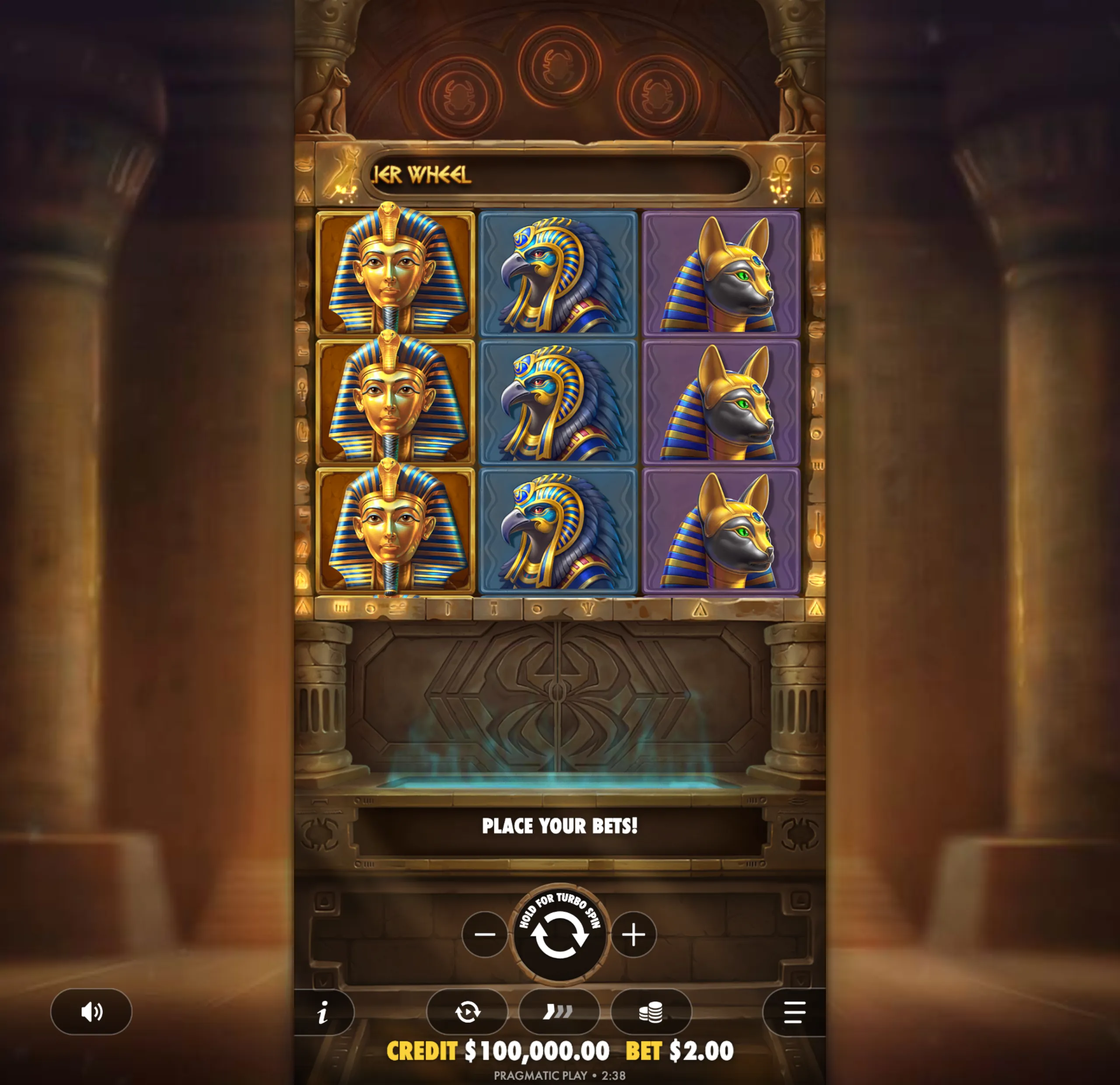 Slot game interface featuring Egyptian-themed symbols including a pharaoh, falcon-headed god, and jackal-headed god, set within a temple-like frame with hieroglyphics and mystical elements.