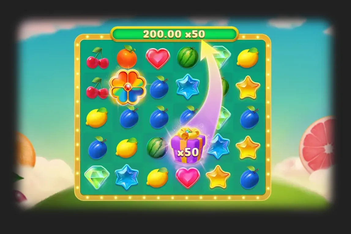 Bright fruit-themed slot board featuring cherries, lemons, plums, watermelons, gems, hearts, stars, a clover symbol, and a glowing purple x50 gift box.