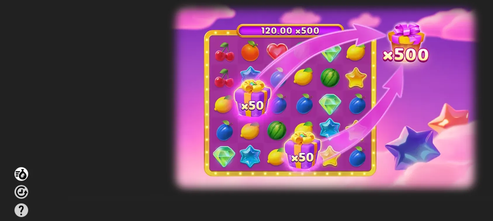 Bonanza Trillion slot artwork featuring a purple fruit-and-gem reel grid, glowing x50 gift symbols, and arrows pointing toward a large x500 gift multiplier.