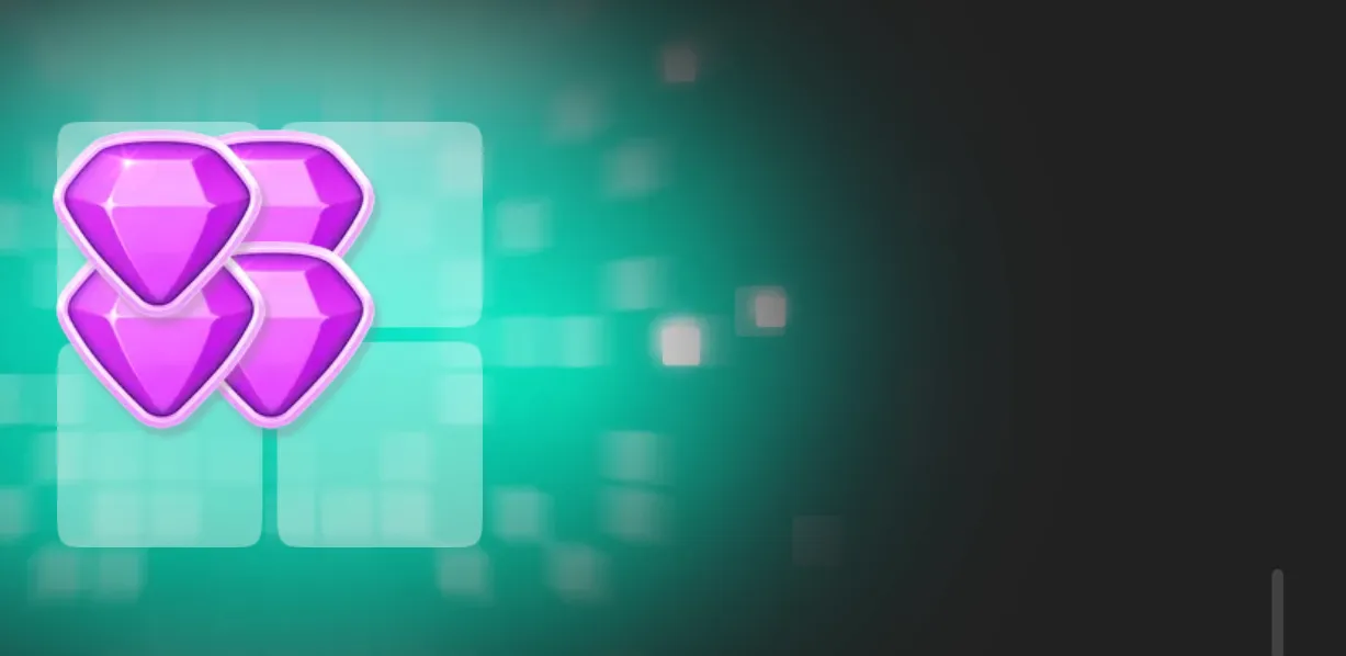 Four faceted purple gem symbols overlap in a cluster against a glowing teal abstract grid background.