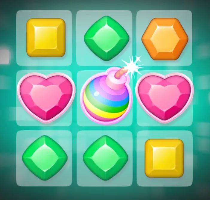 Colorful 3x3 slot grid featuring glossy yellow blocks, green gems, pink hearts, and a rainbow-striped bomb with a sparkling fuse.