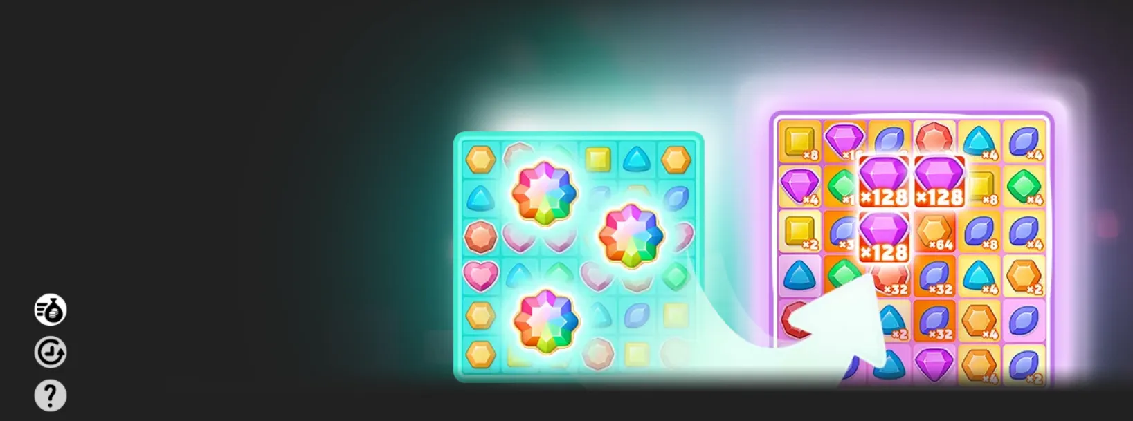 Colorful jewel grids display merged rainbow gems beside multiplier gems marked up to x128, connected by a large white arrow against a glowing teal and purple backdrop.