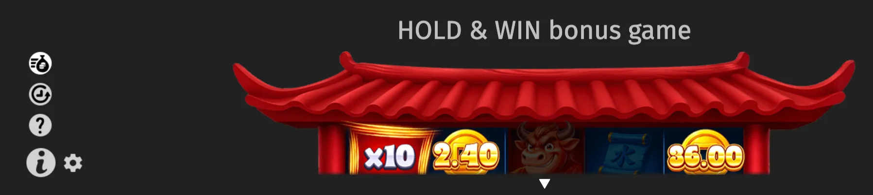 Wild Tiger 2 Hold & Win bonus game with a red Chinese temple roof, glowing x10 multiplier, cash values, and a stylized mythical creature.
