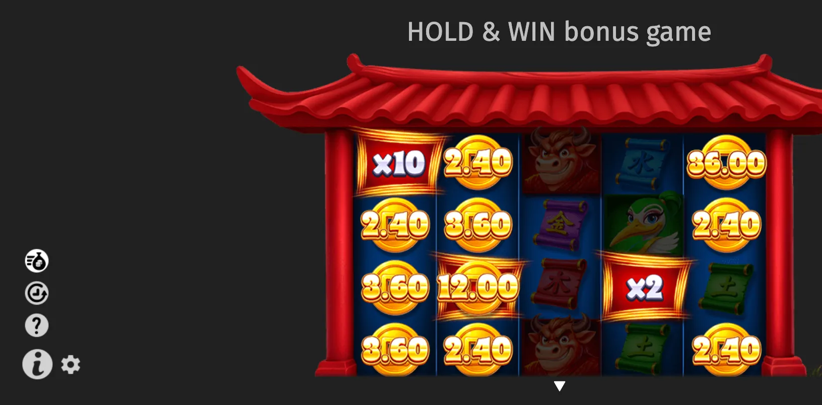 Wild Tiger 2 Hold & Win bonus game beneath a red Chinese pavilion roof, with gold coin values, x2 and x10 multipliers, tiger figures, and scroll symbols on dark blue reels.