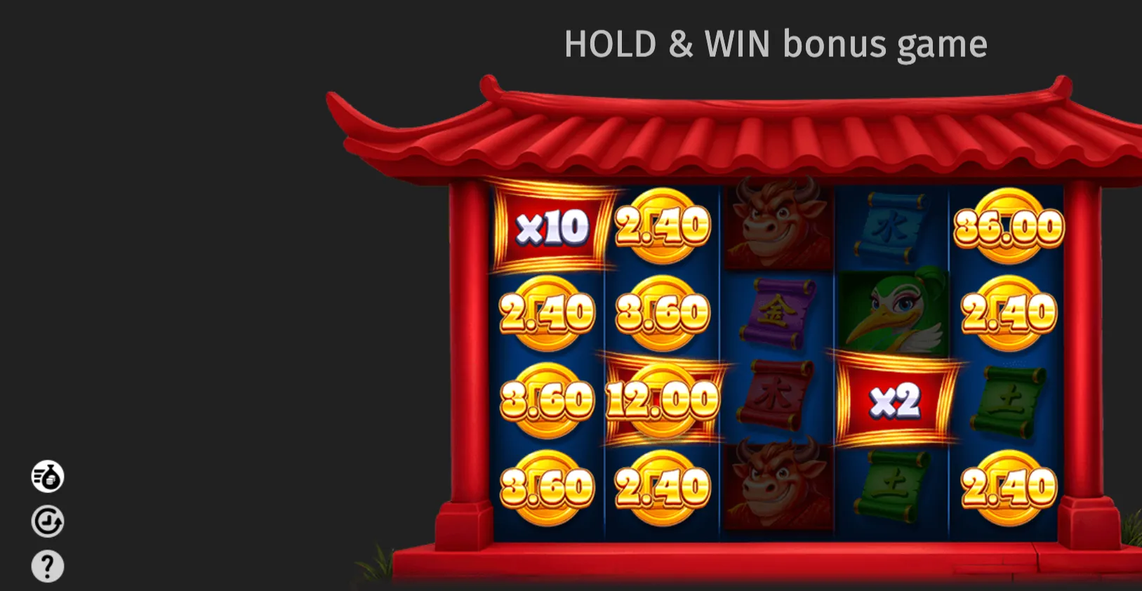 Wild Tiger 2 slot bonus scene featuring a red Chinese temple, blue reels, golden coin values, multiplier symbols, and East Asian scroll and animal icons.